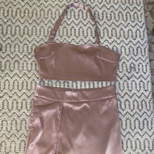 Satin Pink Crop Top & Slit Skirt Set